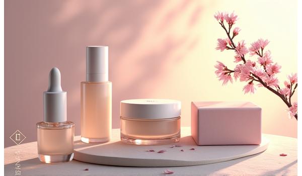 リサイクルガラスボトルと再生紙の外箱に収められた高級化粧品のセット。日本の伝統的な美しさとモダンなサステナビリティが融合したデザイン。