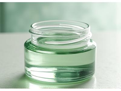 再生ガラス85%含有の透明な化粧品用ガラスジャー。小さな気泡や不規則な表面が、リサイクル素材ならではの個性を出している。
