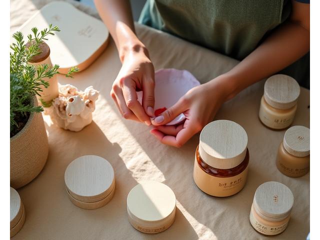 環境に配慮したサステナブルな素材で作られた化粧品のパッケージを、職人が丁寧に手作業で梱包している様子。木製の作業台には、無漂白の紙やリサイクルガラスの容器が並び、環境への配慮が感じられる温かい雰囲気