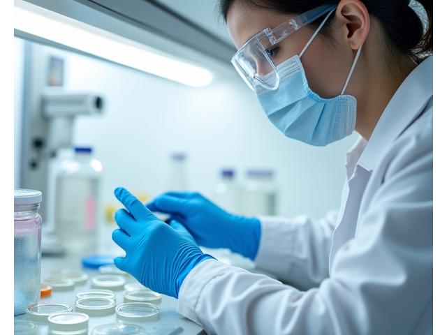 清潔な微生物検査室で培養皿を調べる研究者